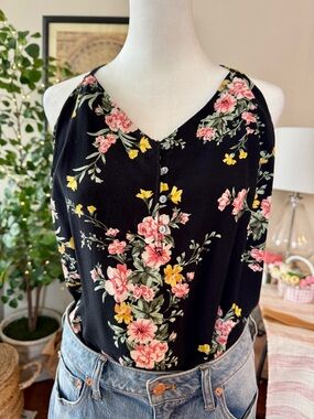 Floral V-Neck Sleeveless Cami Top - Black with Pink & Yellow Flowers